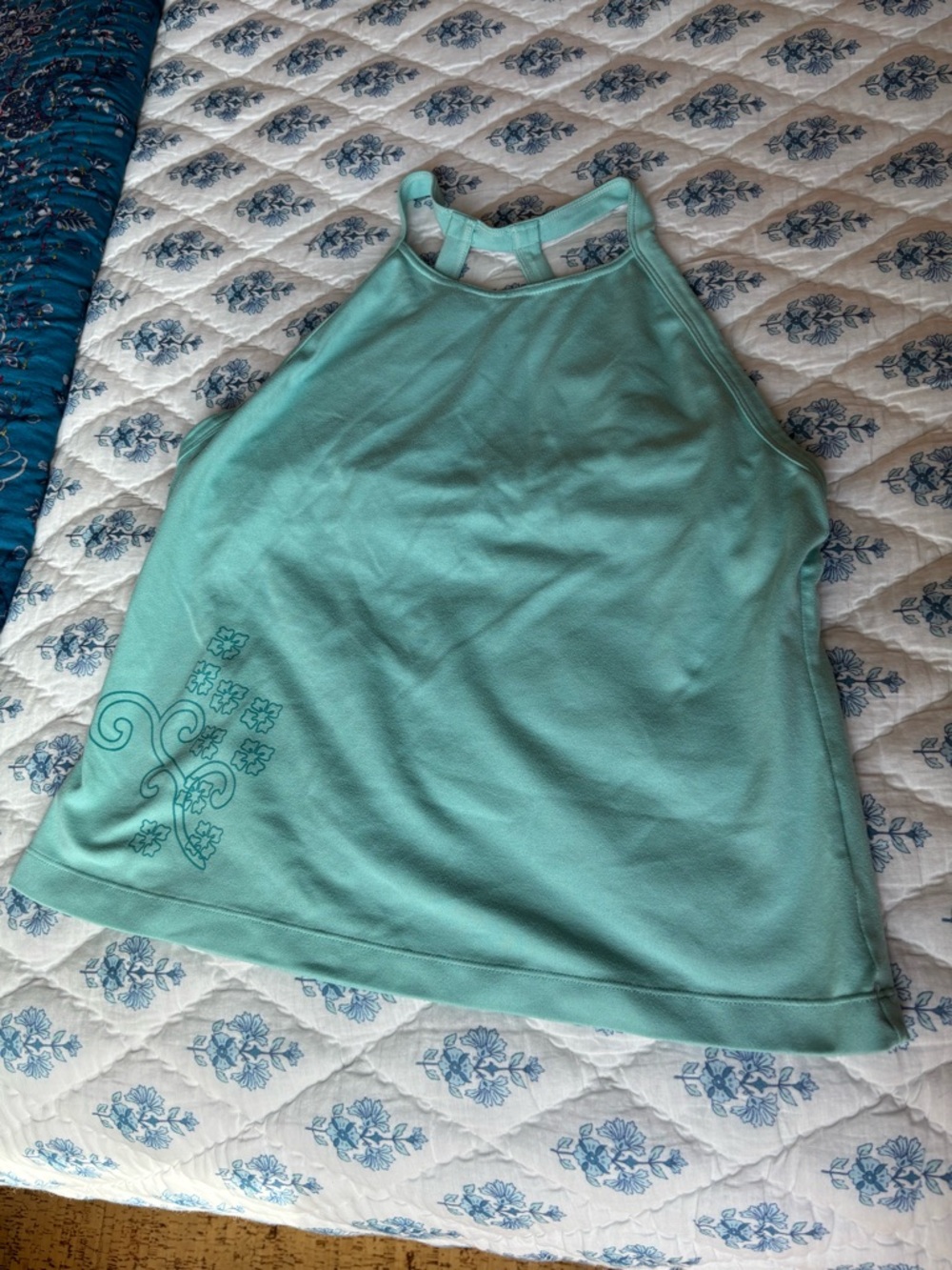 Title nine Mint Green High-Neck Tank with Built-in Bra.  Subtle Floral Scroll
